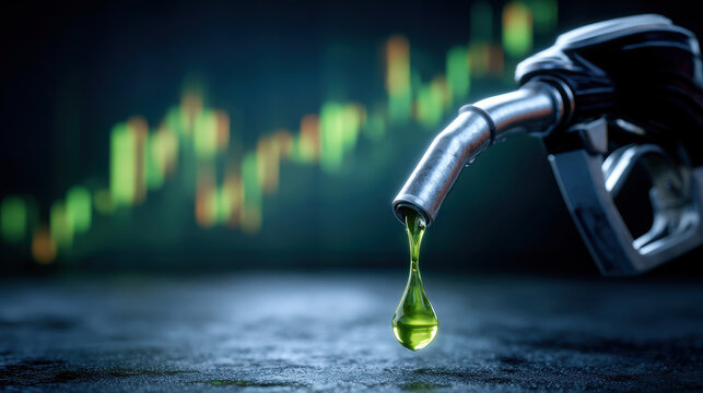 Green fuel drop from chrome nozzle with blurred financial chart in background conveying rising energy cost and market volatility