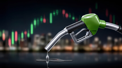 Green fuel nozzle dripping gasoline with city skyline and stock chart in background showing price volatility, moody lighting and reflection