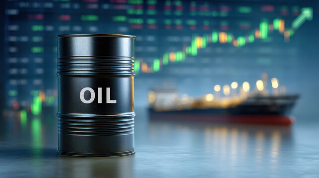 Crude oil barrel in foreground with blurred tanker and rising stock chart, dramatic industrial energy concept conveying market optimism