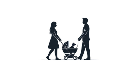 Happy Family Pushing Baby Stroller Together.
