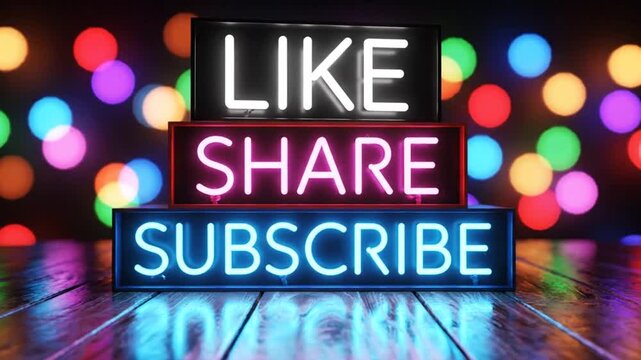 Neon lights stack displays like share subscribe encouraging audience engagement vital for social media success in digital content creation promotion