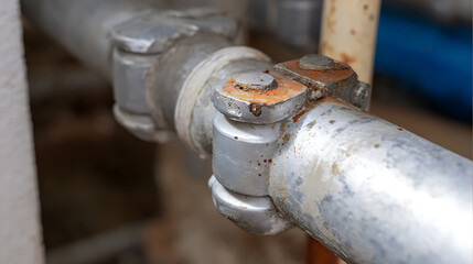 Close view of an industrial metal pipe connection with visible signs of rust and wear, highlighting the texture and aged condition of the material
