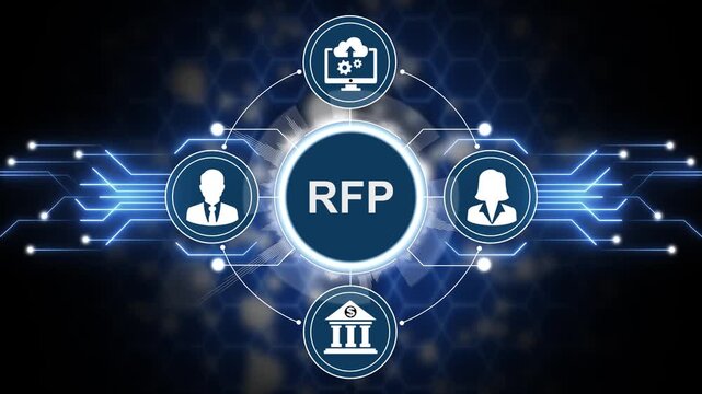 Man using virtual touch interface presses abbreviation RFP. Request For Proposal Business Finance Education