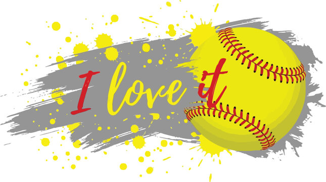 Vibrant yellow softball with red stitching and colorful paint splatters on gray brush stroke background with i love it text