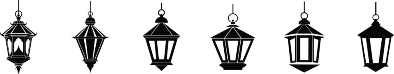 Six different hanging lanterns in a row on white background © KhandokerMehedi