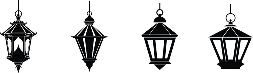 Obraz premium Four hanging lanterns in different styles on white background