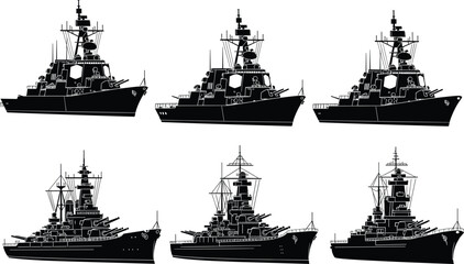 Black Silhouette Set of Modern Warships and Historical Battleships with Radar and Cannons for Navy Military Defense and Marine Design © Ali