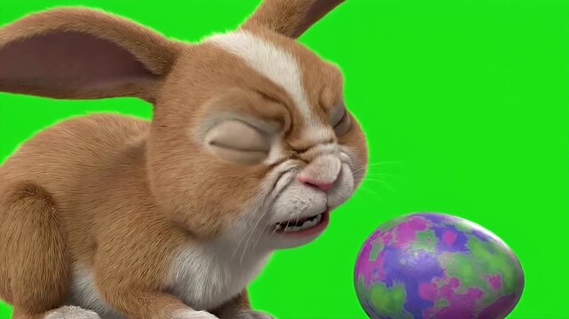 Angry 3D Brown Bunny Throwing a Grumpy Tantrum Staring at a Colorful Painted Egg on Green Screen 4K Seamless Loop