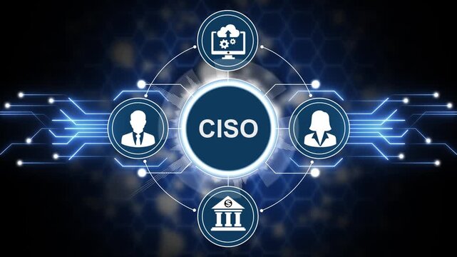 CISO or chief information officer concept presented by businessman touching on virtual screen. career in IT information technology officer to administrator staff