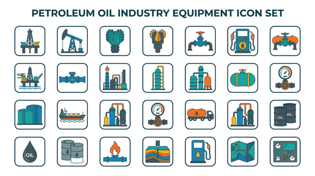 Petroleum Oil Industry Icons Set Solid Flat Vector Illustration