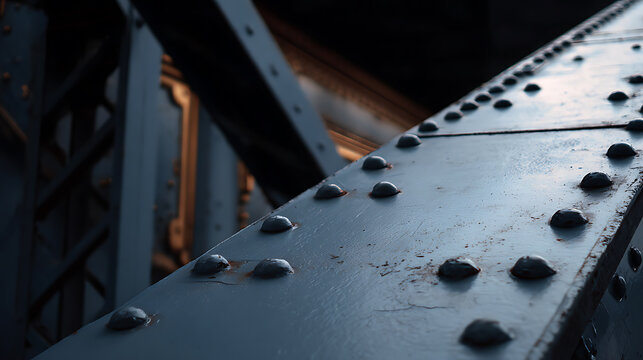 Industrial Steel Rivets and Beams Detail, Heavy Metal Construction, Durable Architecture Close-up, Strong Structure, Abstract Background