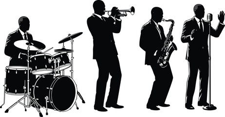 Four jazz musicians silhouettes playing drums, trumpet, saxophone, and singing with microphone, perfect vector illustration symbolizing jazz music performance energy © Mortuza Samiha