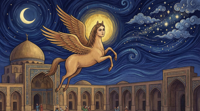 Image of Buraq Taking Off from Mosque on Shab-E-Meraj