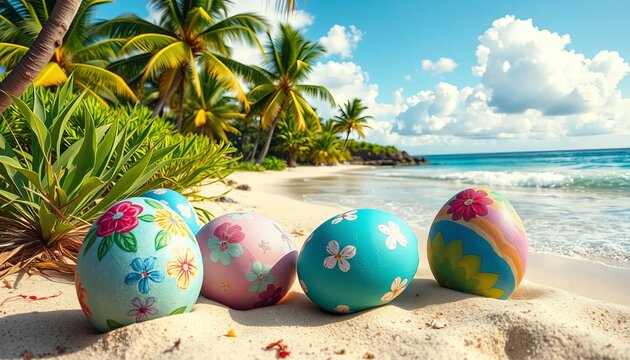 Colorful Easter eggs decorated with flowers on a tropical beach with palm trees and a serene ocean view.