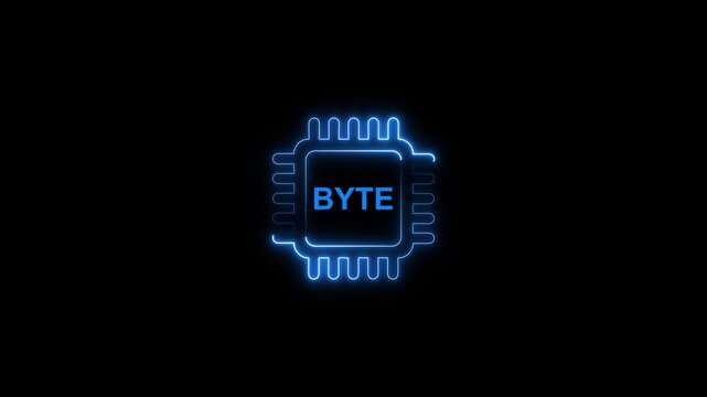 Glowing blue microchip b y t e circuit board neon light technology concept byte