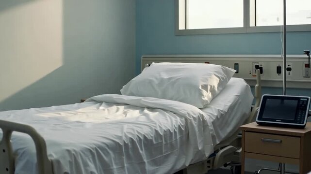 Hospital room interior with empty hospital bed and tablet on nightstand near window