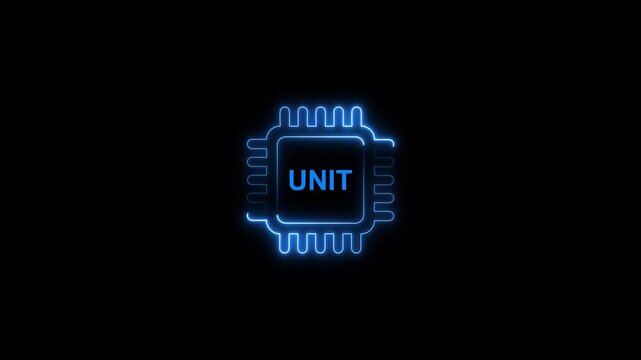 Glowing blue microchip unit on black background with neon outline computer chip