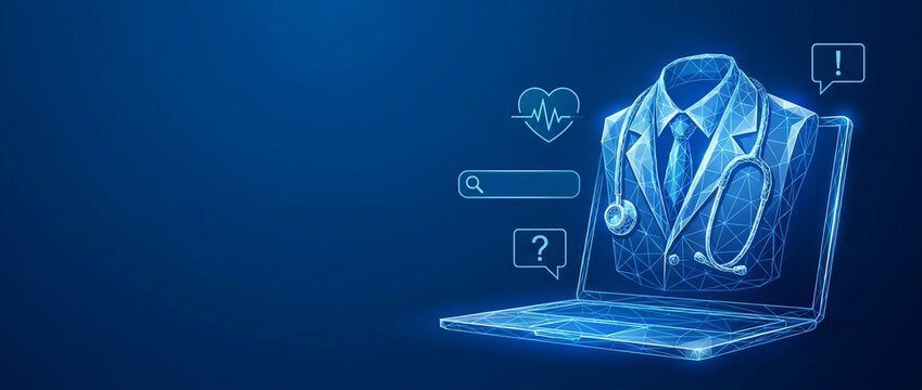 Telehealth medical consultation on laptop screen rendered in glowing blue wireframe mesh, featuring a doctor suit with stethoscope for digital healthcare platforms for commercial technology