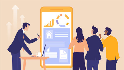 Businessman presenting information on a screen, symbolising corporate communication, data analysis, leadership, training, strategy discussion, and professional knowledge sharing. 