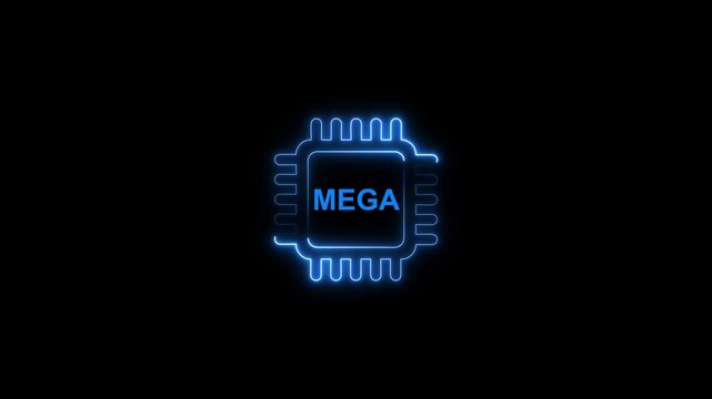 Glowing blue microchip with m e g a text neon effect on black background technology concept mega