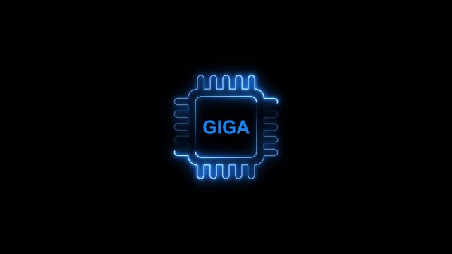 Neon blue microchip processor with g i g a text on black background giga computer hardware