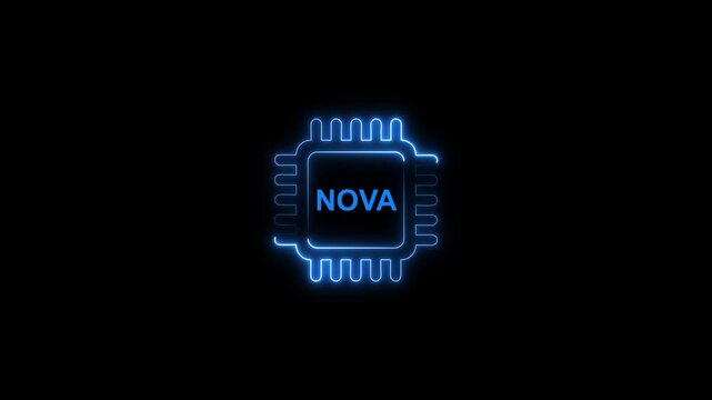 Glowing blue microchip with n o v a text neon effect on black background technology concept nova