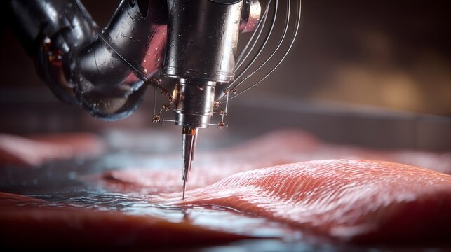 Robotic filleting arm slicing fresh salmon with micron precision in food processing plant