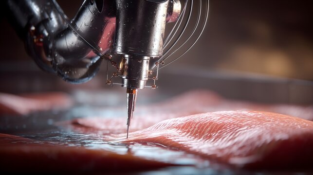 Robotic filleting arm slicing fresh salmon with micron precision in food processing plant