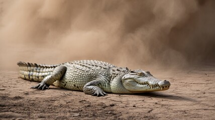 Fototapeta premium Wild Crocodile Resting on Dry Cracked Earth in Harsh Desert Environment