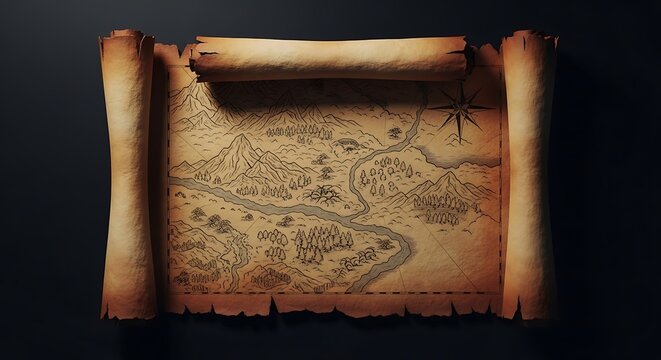 Vintage treasure map on parchment scroll with mysterious markings and dark background