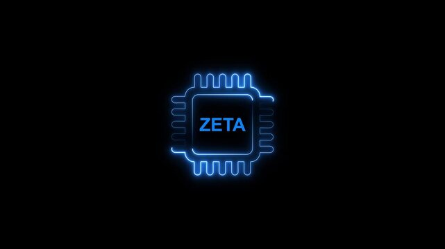 Glowing blue microchip with z e t a text neon circuit board on black background for tech and innovation concepts