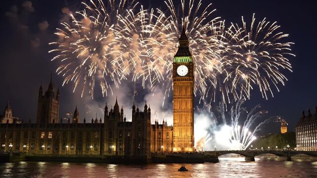 Nighttime view of the iconic Big Ben clock tower with fireworks exploding in the sky above. The sky is deep blue, while the fireworks light up the scene, reflected in the water below.