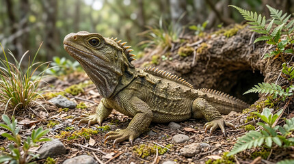 Fototapeta premium Tuatara in forest habitat. Spiny reptile resting beside a burrow on mossy ground. Useful for natural history features, reptile reference content, biodiversity projects, and science education materials