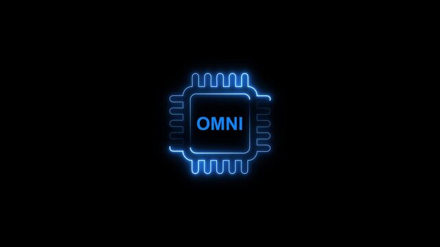 Glowing blue o m n i microchip circuit board neon sign on black background technology concept omni