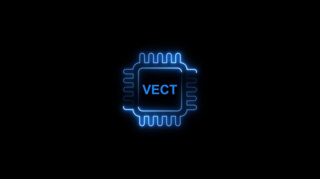 Glowing blue microchip with v e c t text neon effect on black background technology concept vect
