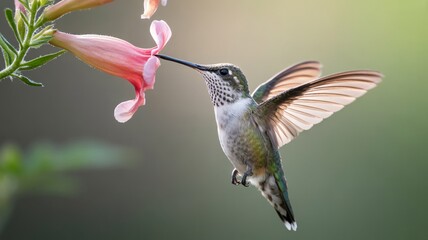 Fototapeta premium Hummingbird Hovering While Drinking Nectar from Pink Flower in Natural Light
