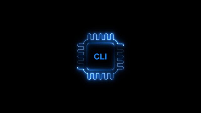 Command line interface c l i neon blue microchip computer processor on black background