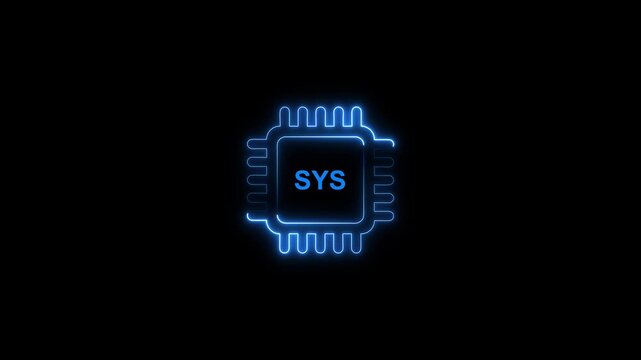 Glowing blue microchip processor with s y s text on black background technology concept