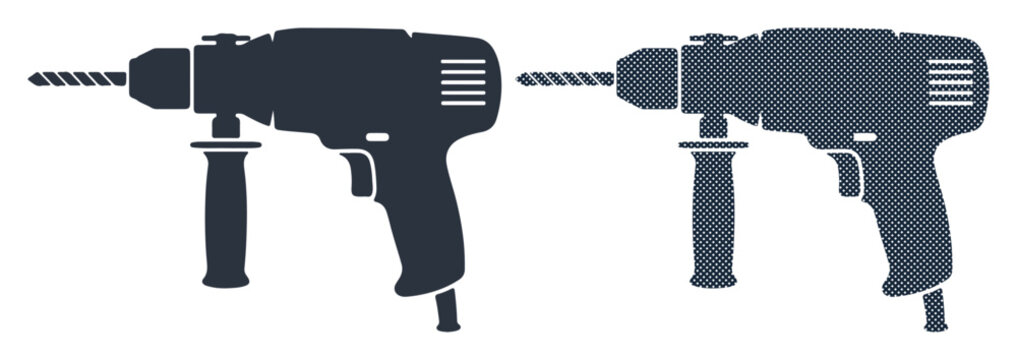 Two dark silhouette power drills side by side with drill bits