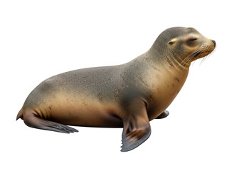 Naklejka premium A curious seal pup with a sleek brown and silver coat resting on a white surface isolated on transparent background