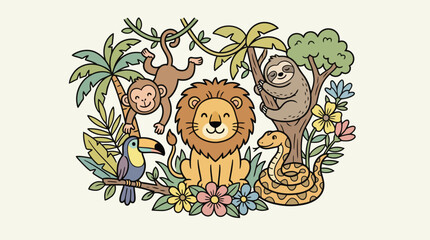 Fototapeta premium Cute Jungle Safari Animals Doodle Collage Vector, Pastel Wild Animals Sticker Art with Lion and Monkey