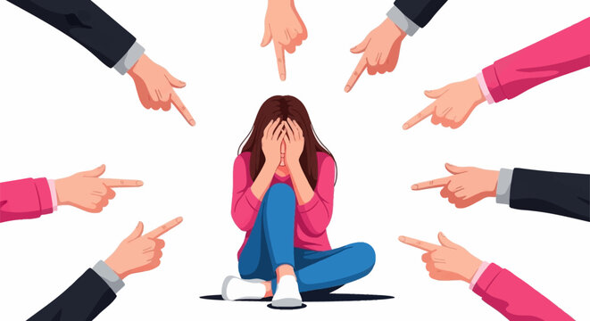 Illustration of a woman feeling embarrassed and anxious with multiple people pointing at her.