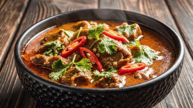 Steaming Spicy Beef Curry in Black Bowl with Fresh Chili Peppers and Cilantro on Rustic Wooden Table