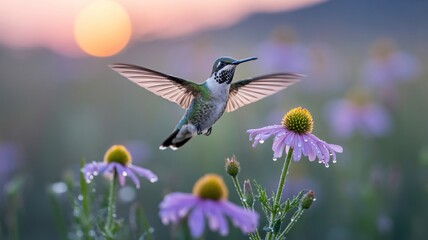 Fototapeta premium Hummingbird Hovering Over Purple Coneflower at Sunrise in a Dewy Meadow
