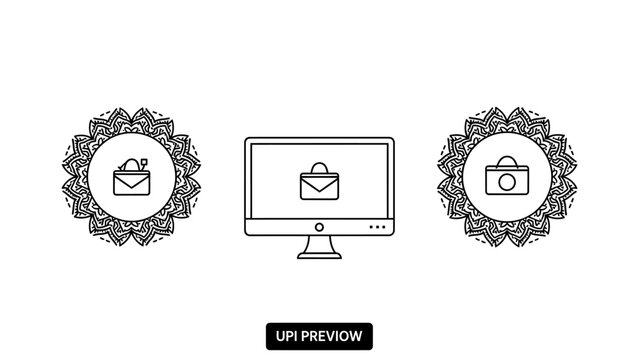 Computer with envelope icon and mandala ornaments - digital communication and security concepts
