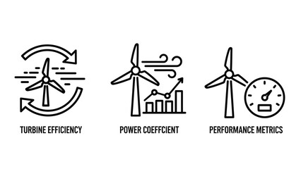 Obraz premium Wind energy and turbine performance icons set - renewable power efficiency metrics line art