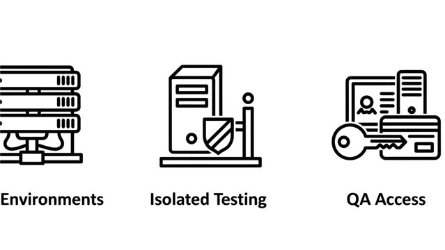 It software testing and quality assurance icon set representing server environments and secure qa access