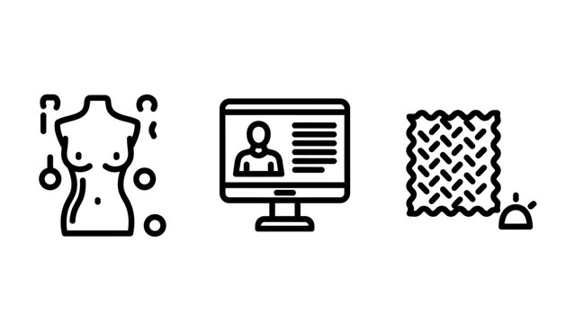 Fashion industry and textile design icon set with tailor mannequin computer editing and fabric samples