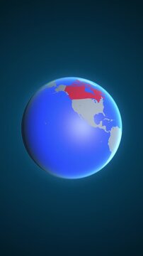 The animation shows a graphic representation of the earth and highlights the location and map of Canada colored red in vertical format.