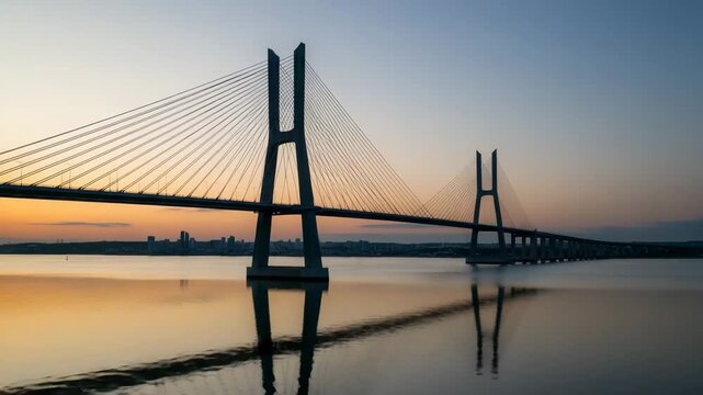 cinematic drone perspective of the cable-stayed bridge pillars reflecting in the water at sunset in lisbon video